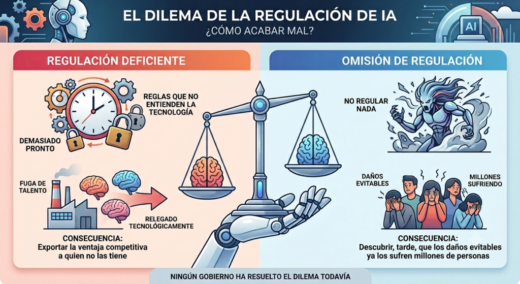 Ilustraci&oacute;n del dilema regulatorio de la IA: regular demasiado pronto y exportar la ventaja competitiva, o no regular nada y permitir da&ntilde;os evitables a millones de personas