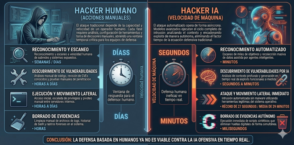 Ilustración comparativa: hacker humano trabajando manualmente frente a hacker asistido por IA con velocidad automatizada