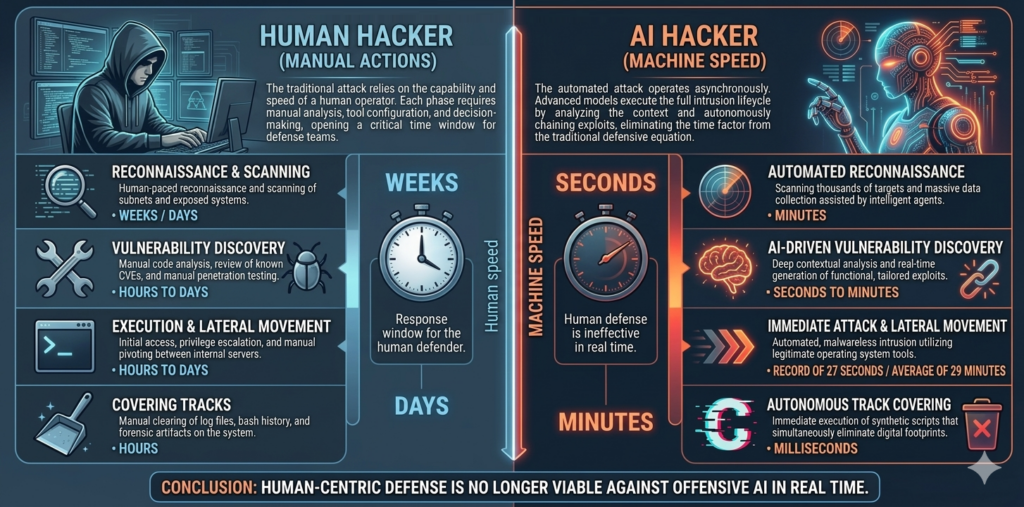 Comparative illustration: human hacker working manually versus AI-assisted hacker with automated speed