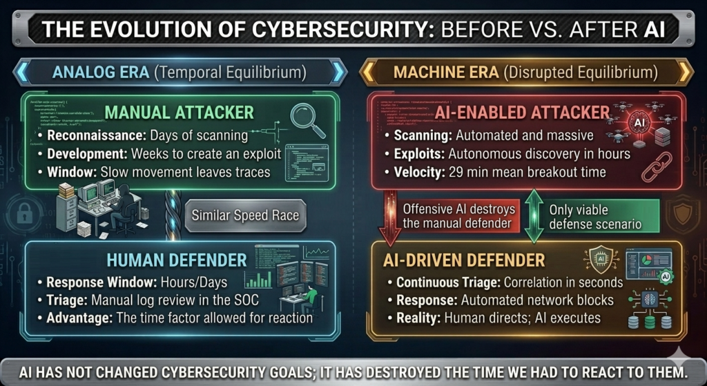 Illustration of cybersecurity evolution: the balance between attack and defense before and after the arrival of AI