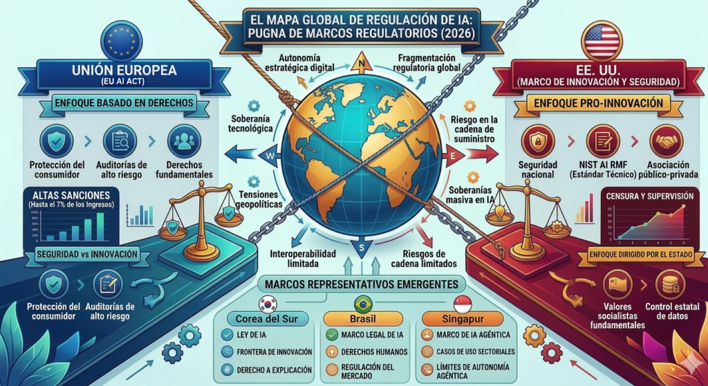 Mapa global de la regulaci&oacute;n de la IA: pugna entre el modelo europeo del EU AI Act, la desregulaci&oacute;n federal de EEUU y el control estatal chino, con Europa en posici&oacute;n de dependencia tecnol&oacute;gica