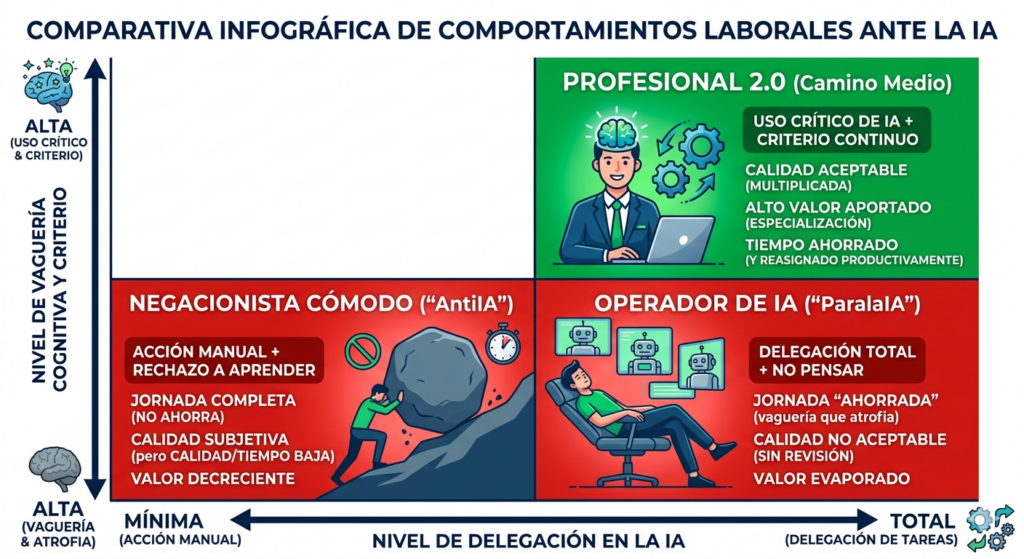 Infografía comparativa de comportamientos laborales ante la IA: el perfil que rechaza la herramienta frente al que lo delega todo, con sus características y las razones por las que ambos extremos pierden