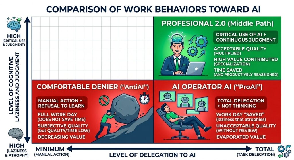 Comparative infographic of work behaviors toward AI: the profile that rejects the tool versus the one that delegates everything, with their characteristics and the reasons both extremes lose