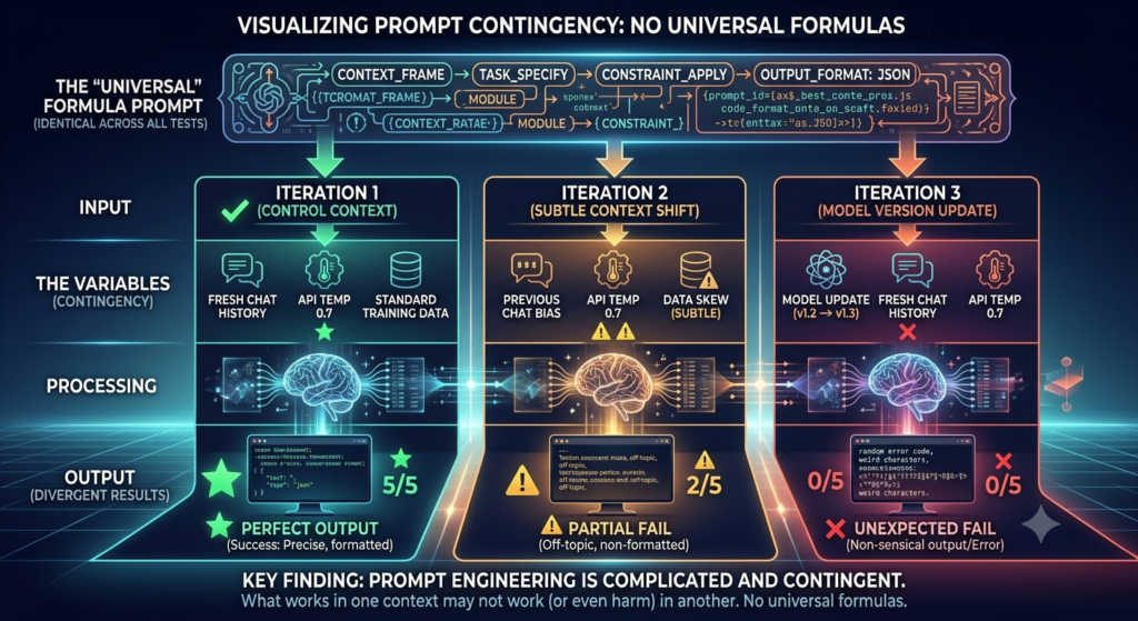 Visualization of prompt contingency: what works in one context may not work in another, with no universal formulas