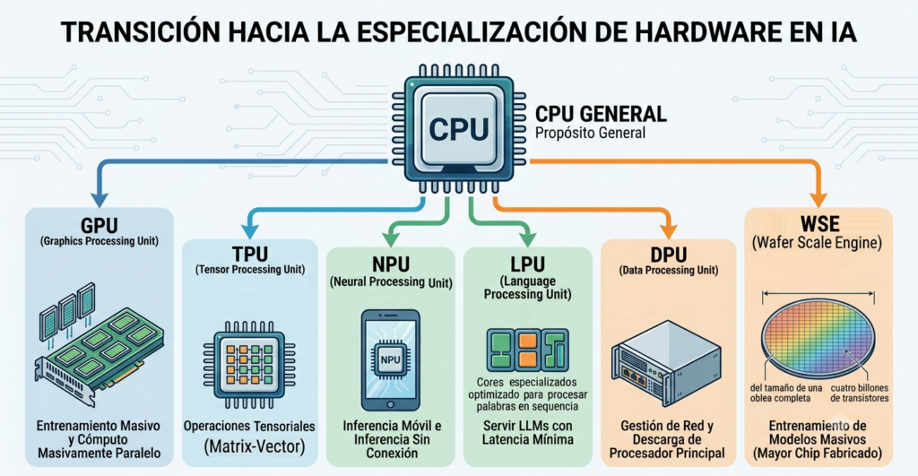Ilustración de la cadena de especialización del hardware de IA: de la CPU de propósito general a la GPU para entrenamiento, la TPU para tensores, la NPU para inferencia local, la LPU para servir modelos de lenguaje y los WSE de Cerebras para escala masiva