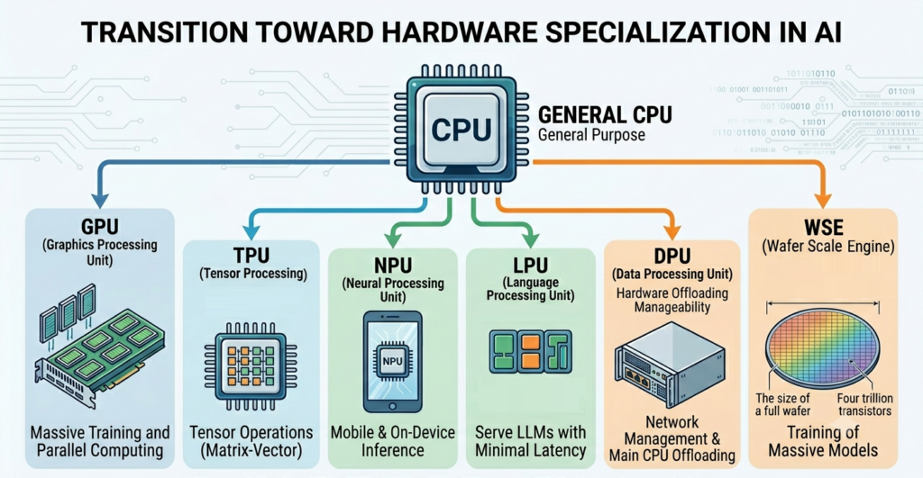 Illustration of the AI hardware specialization chain: from general-purpose CPU to training GPU, tensor TPU, local-inference NPU, LLM-serving LPU, and Cerebras WSEs for massive scale
