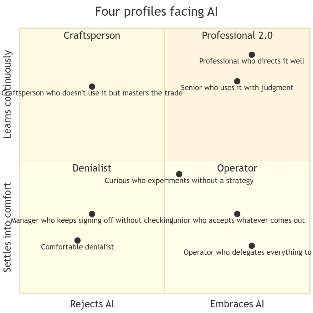Illustration of the four professional profiles facing AI: the craftsperson, the denialist, the Professional 2.0, and the operator — differentiated by tool adoption and willingness to learn continuously