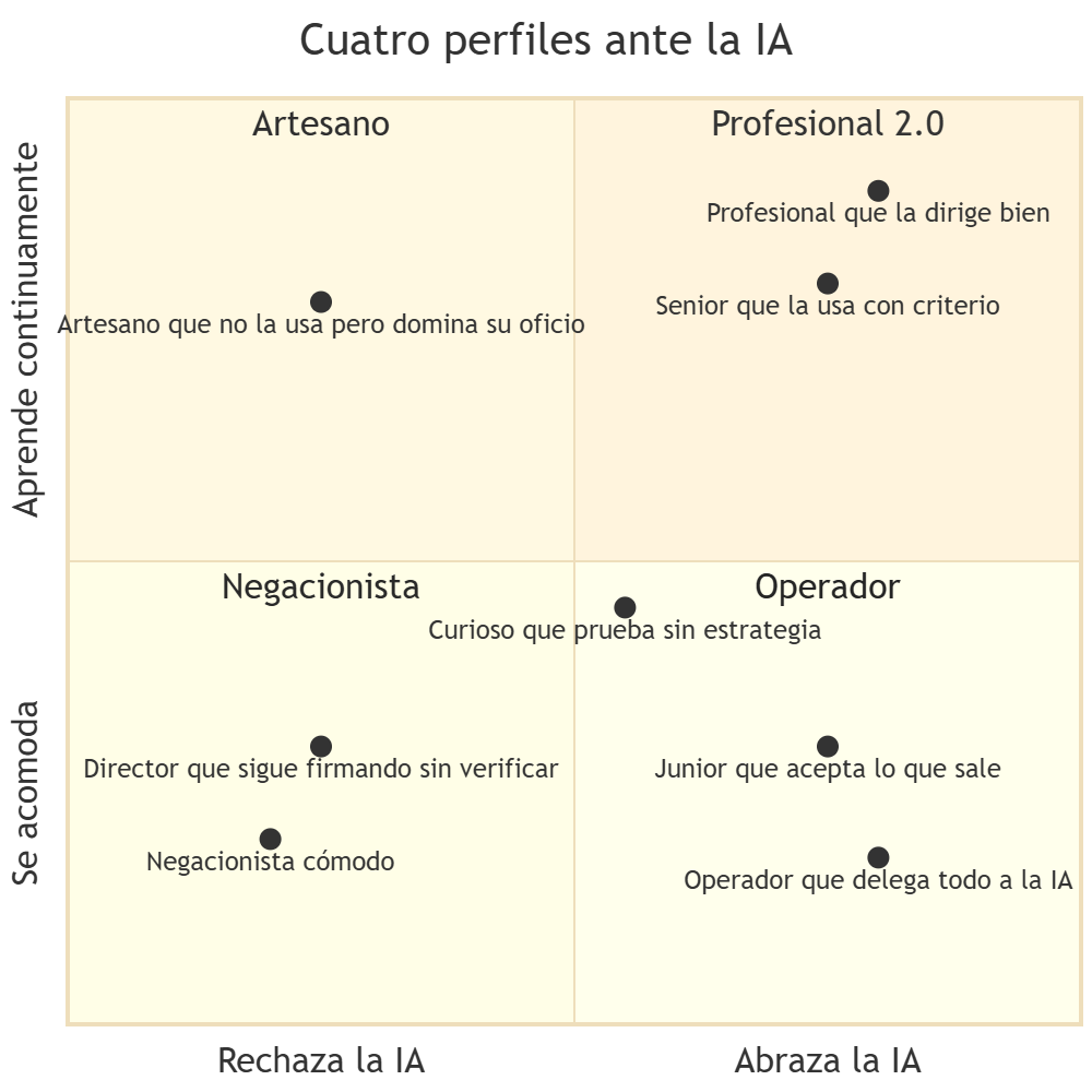 Ilustración de los cuatro perfiles profesionales ante la IA: el artesano, el negacionista, el profesional 2.0 y el operador, diferenciados por adopción de la herramienta y disposición al aprendizaje continuo