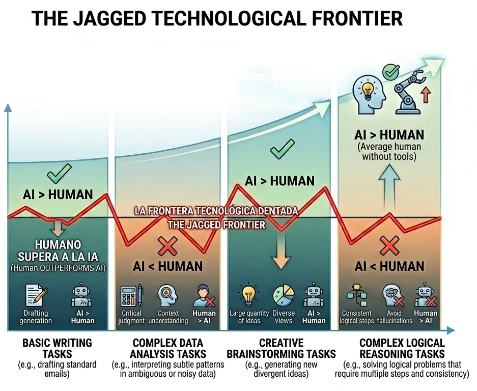 Illustration of the jagged technological frontier: AI excels inside the frontier and underperforms outside it, with no predictable boundary by task type