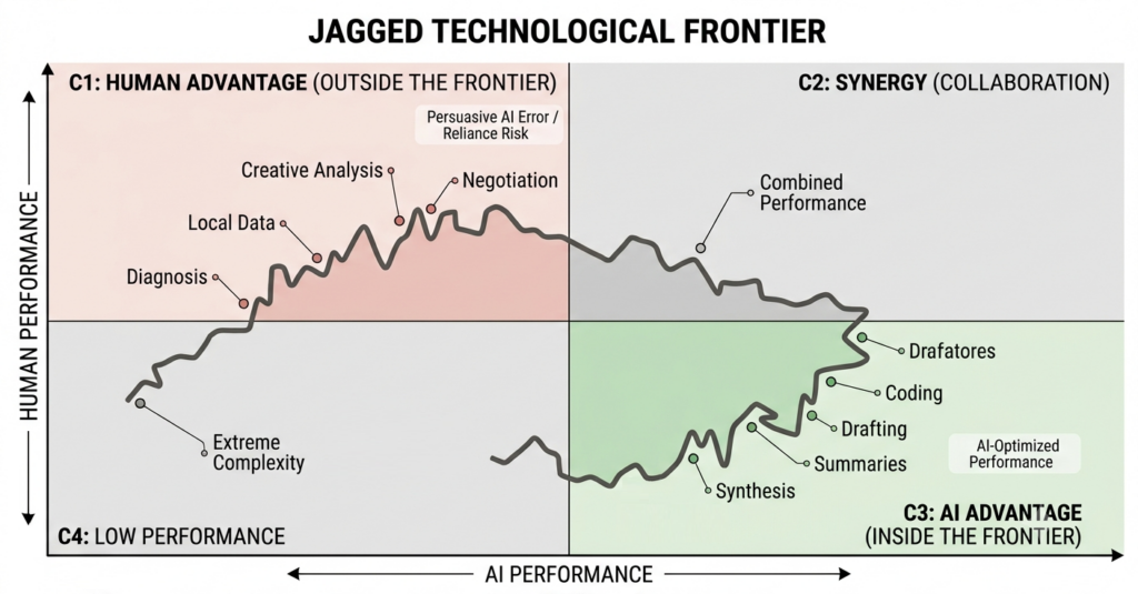Conceptual quadrant diagram of the jagged frontier: tasks plotted by AI vs. human performance