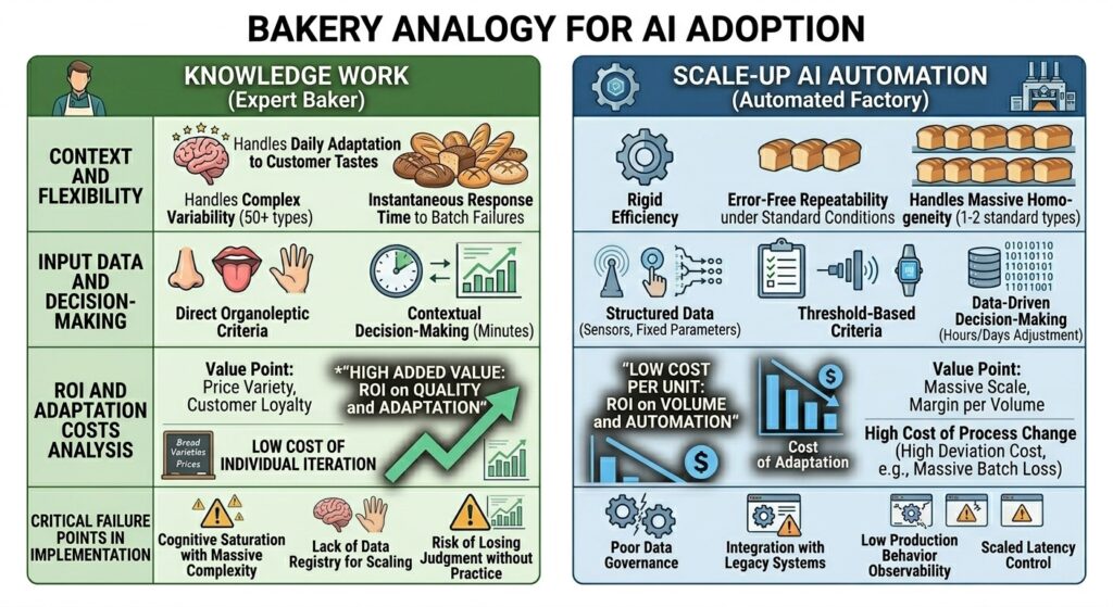 Visual analogy: artisan bakery (adaptability, variety, judgment) versus industrial oven (volume, homogeneity, fixed process), illustrating when AI automation delivers ROI and when it does not