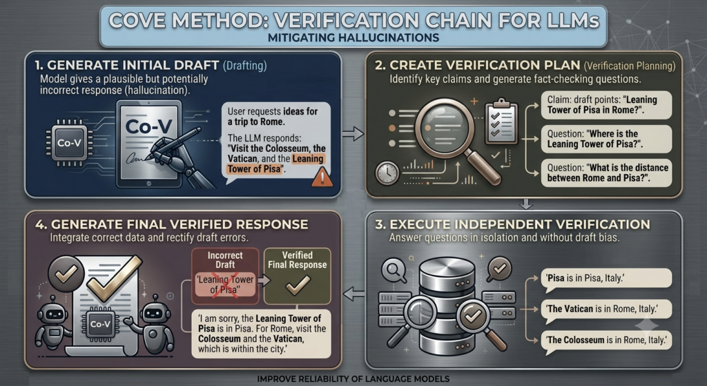 The CoVe method — verification chain for LLMs: structured four-step flow to reduce hallucinations through isolated verification